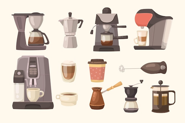 Vettore gratuito set di illustrazioni vettoriali per caffettiere diverse. collezione di macchine per caffè o caffè espresso con filtri, tazze e tazzine, moka, cezve turco su sfondo bianco. attrezzature, concetto di elettrodomestici