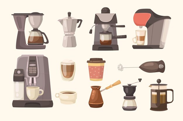 Different coffeemakers vector illustrations set. Collection of coffee or espresso machines with filters, cups and mugs, moka pot, Turkish cezve on white background. Equipment, appliances concept