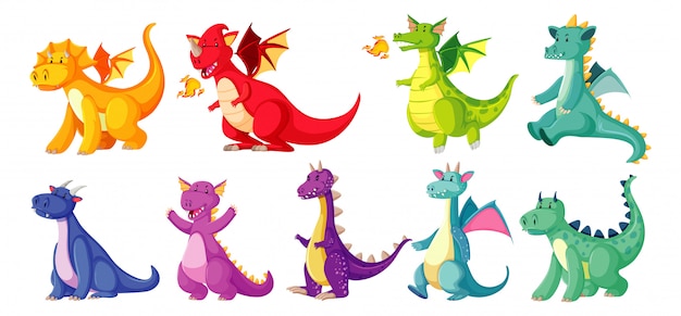 Free vector different color of dragon in color in cartoon style on white background