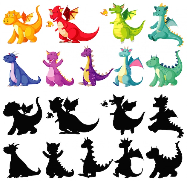 色でドラゴンと白い背景の上の漫画のキャラクターのシルエットの異なる色