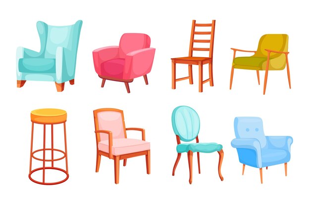 Различные красочные стулья и кресла иллюстрации