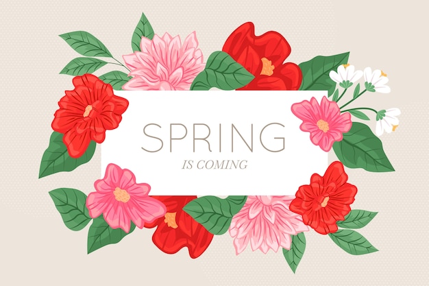 Different colorful flowers background with spring lettering