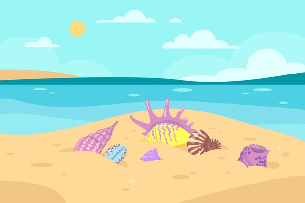 Different colorful seashells on seashore illustration