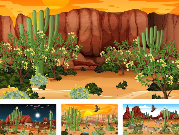 Free vector different desert forest landscape scenes with animals and plants