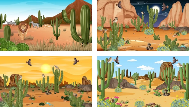 Diverse scene di paesaggi della foresta del deserto con animali e piante