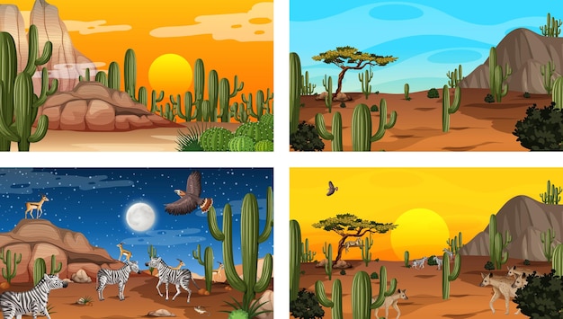 Free vector different desert forest landscape scenes with animals and plants