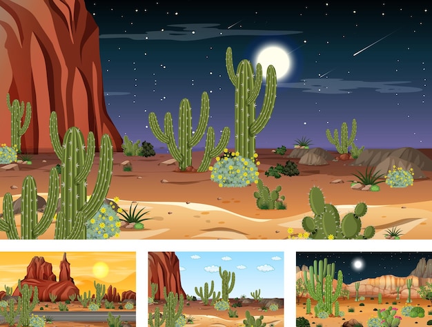 Diverse scene di paesaggi della foresta del deserto con varie piante del deserto