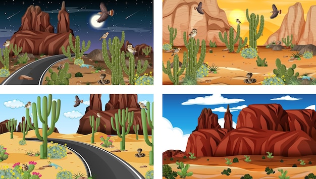 Vettore gratuito diverse scene della foresta del deserto con animali e piante