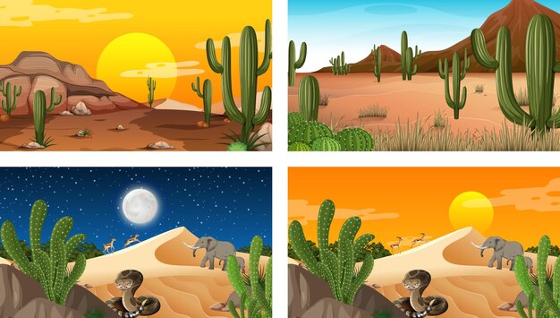 動物や植物とのさまざまな砂漠の森のシーン