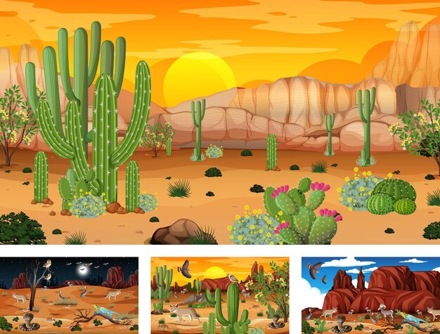 Different desert forest scenes with animals and plants