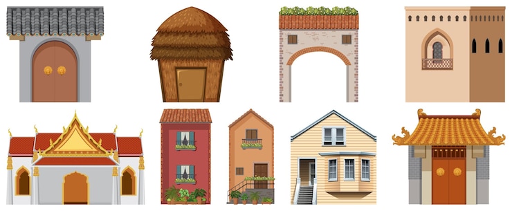 Free Vector different design of buildings on white background