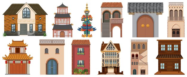 Different design of buildings on white background