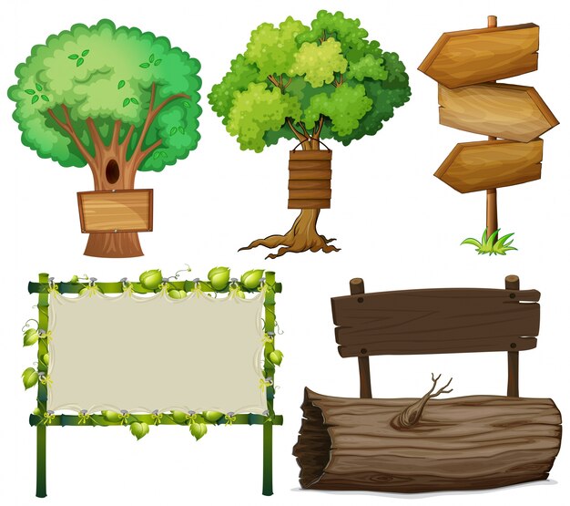 Different design of signs made of wood illustration