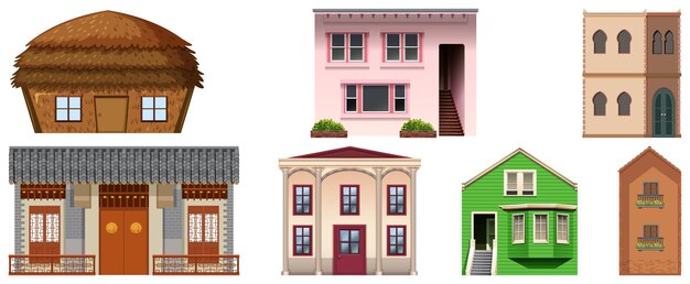 Different designs of buildings on white background