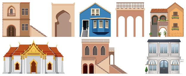 Different designs of buildings on white background