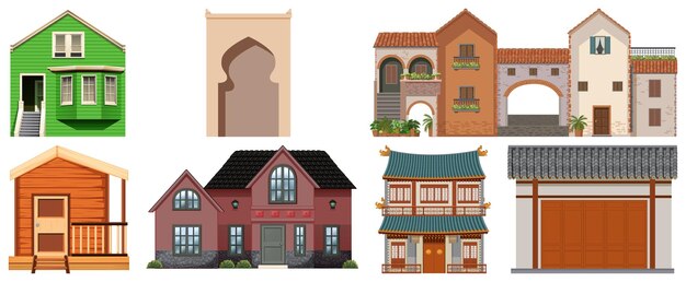 Different designs of buildings on white background