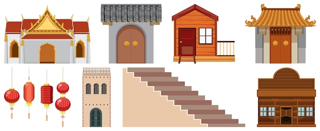 Different designs of buildings on white background