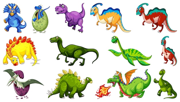 Different dinosaurs cartoon character and fantasy dragons isolated