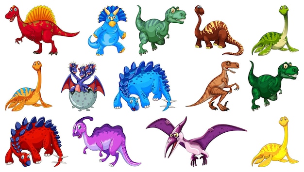 Free vector different dinosaurs cartoon character and fantasy dragons isolated