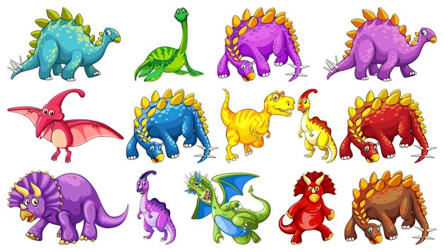 Different dinosaurs cartoon character and fantasy dragons isolated