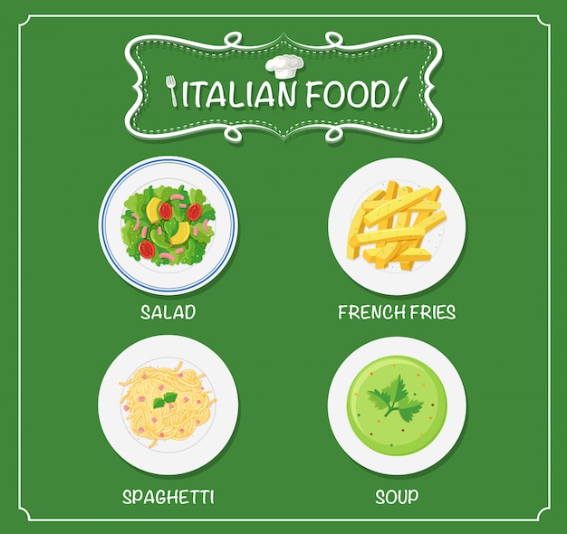 Different dishes on italian menu