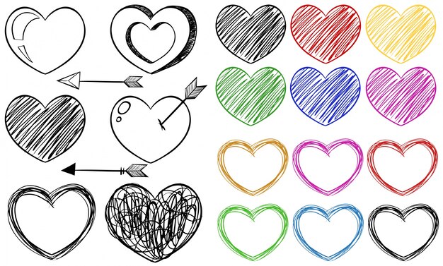 Different doodle designs of heart shapes