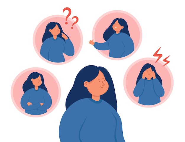 여자의 다른 감정과 기분 변화. 부정적이고 긍정적인 다양한 표현을 가진 소녀, 산만한 행동 플랫 벡터 일러스트레이션의 위기. PMS, 심리학, 정신 장애 개념