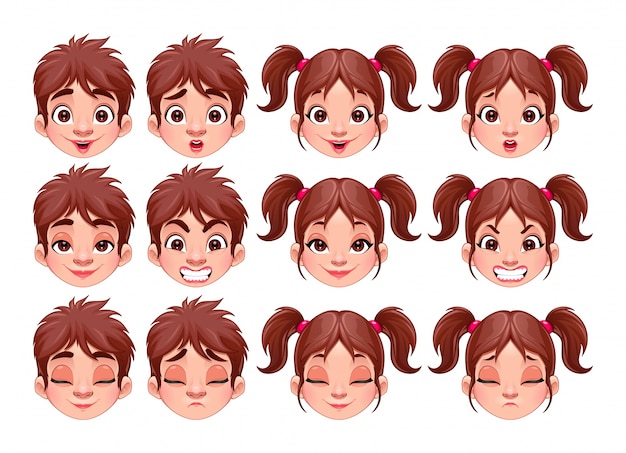 Free vector different expressions of boy and girl vector isolated characters