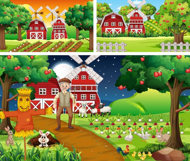 Различные сельскохозяйственные сцены с мультипликационным персонажем сельскохозяйственных животных