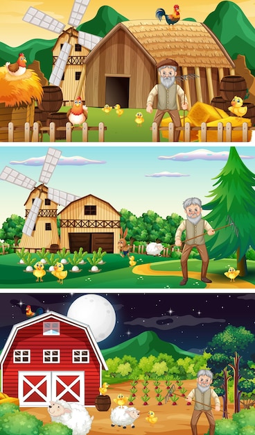 오래된 농부와 동물 만화 캐릭터가있는 다른 농장 장면
