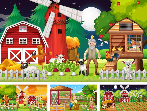 Free vector different farm scenes with old farmer and animal cartoon character