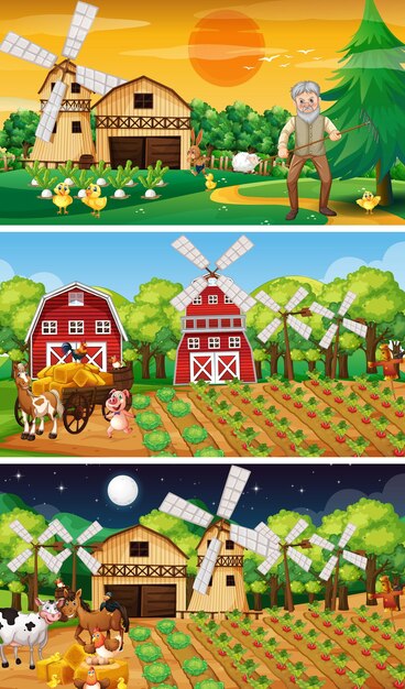 Different farm scenes with old farmer and animal cartoon character