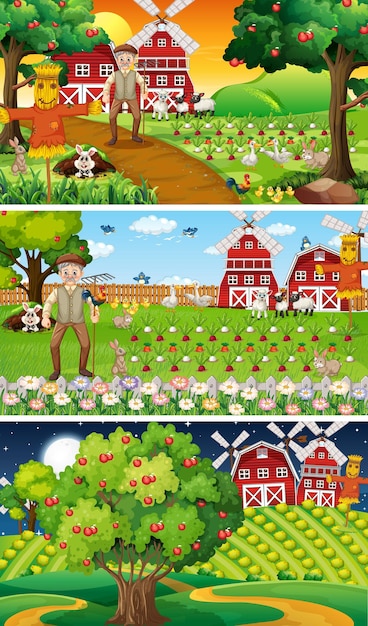 古い農家と動物の漫画のキャラクターとのさまざまな農場のシーン