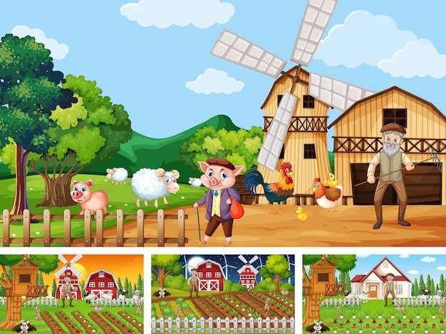 Different farm scenes with old farmer and animal cartoon character