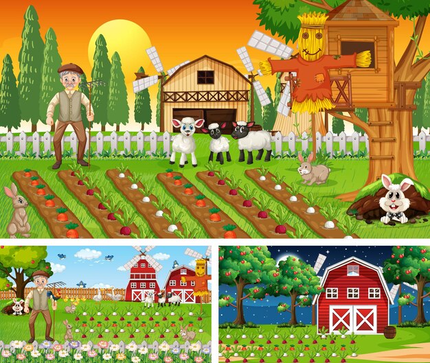 Different farm scenes with old farmer and animal cartoon character