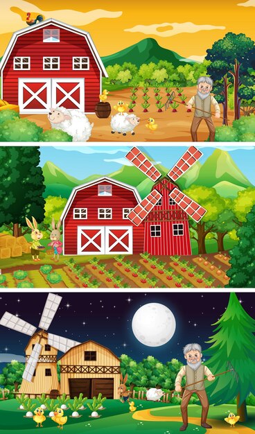 Различные фермерские сцены со старым фермером и мультипликационным персонажем животных