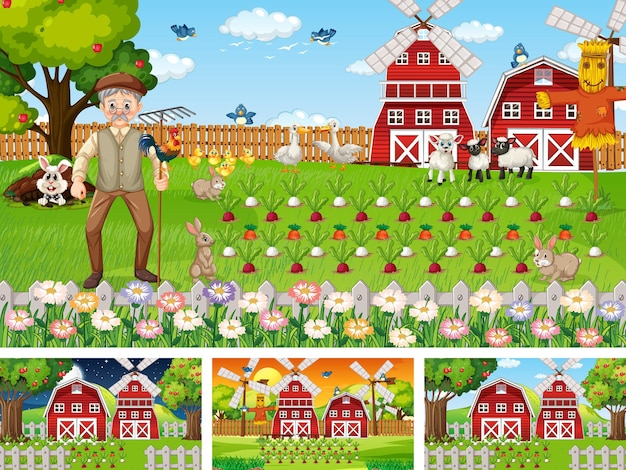 Различные фермерские сцены с мультипликационным персонажем старика-фермера