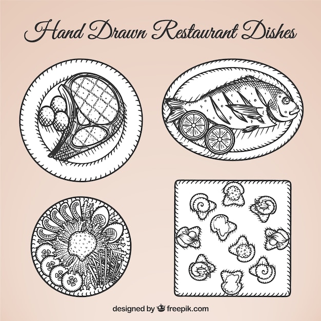 Бесплатное векторное изображение Различные блюда еды рисованной