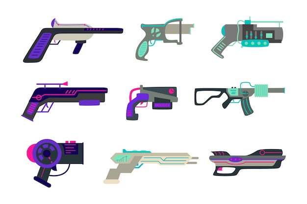 Free vector different futuristic guns vector illustrations set. toy pistols, blasters, laser rifles for children isolated on white background. entertainment, space, weapons concept for game design