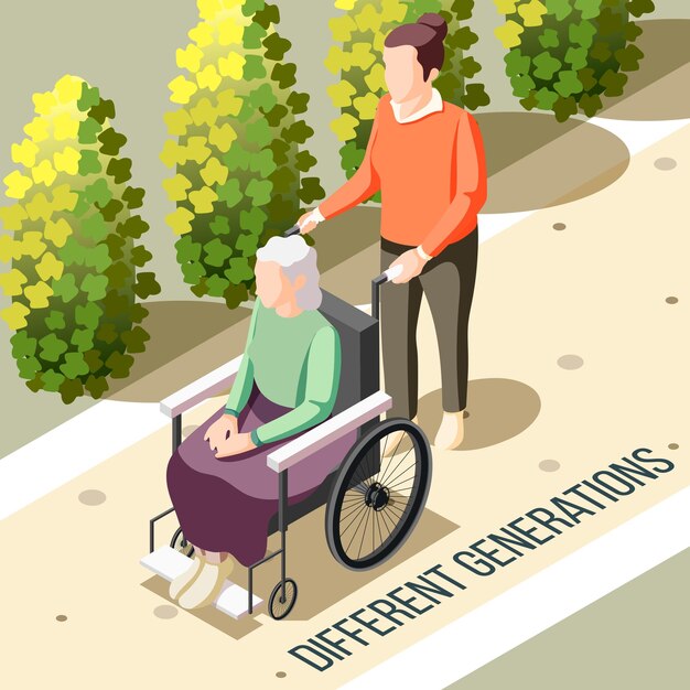 휠체어와 젊은 간호 사람 그림에 앉아 노인 장애인 여성과 다른 세대 아이소 메트릭