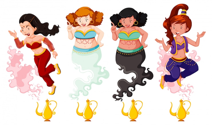 Free Vector different of genie girl magic lantern or aladdin lamp in color and silhouette  on white background