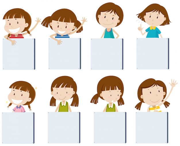 Free vector different girl characters holding blank signs