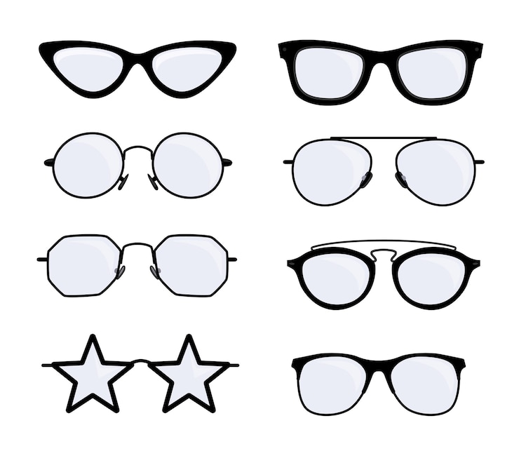 Free Vector different glasses designs vector illustrations set. eyeglasses with black frames of different shapes and styles: old, modern, cool, hipster isolated on white background. medicine, fashion concept
