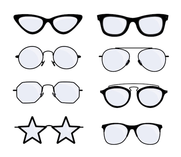 さまざまなメガネのデザインのベクトルイラストセット。さまざまな形やスタイルの黒いフレームの眼鏡：白い背景に分離された古い、モダン、クールなヒップスター。医学、ファッションコンセプト