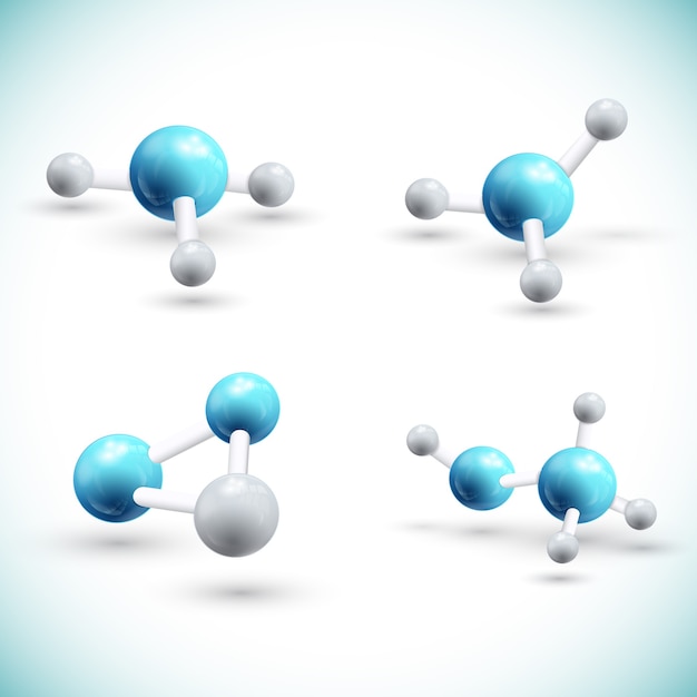 Free vector different grey and blue atom chains set isolated with shadows and blue corners 3d