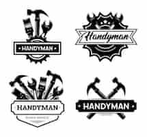 Free vector different handyman logo flat icon set. black vintage service badges with wrench and hammer for mechanic worker vector illustration collection. construction and maintenance