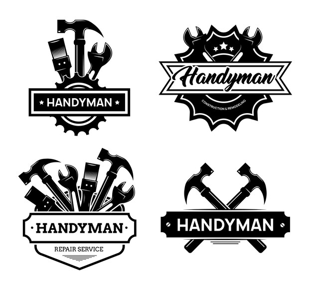 Different handyman logo flat icon set. Black vintage service badges with wrench and hammer for mechanic worker vector illustration collection. Construction and maintenance 