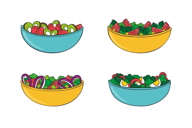 Diverse ciotole di frutta e insalata sane