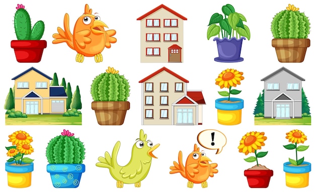 Free vector different house designs and cute birds