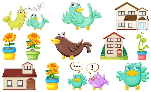 Free Vector different house designs and cute birds